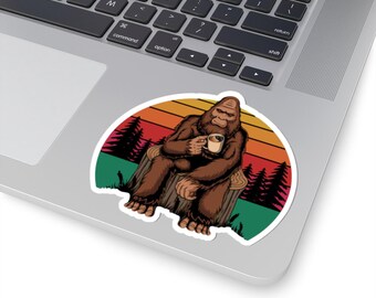 Coffee Drinking Bigfoot Kiss-Cut Sticker | Sasquatch Retro Sunset