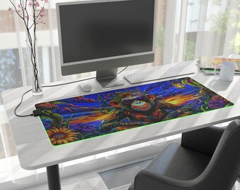 Psychedelic Sunset Mushroom Monkey LED Gaming Mouse Pad | Colorful Sunset Jungle