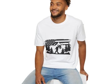 Bigfoot Forest Flag T-Shirt | Sasquatch Hiking Mountain Tee