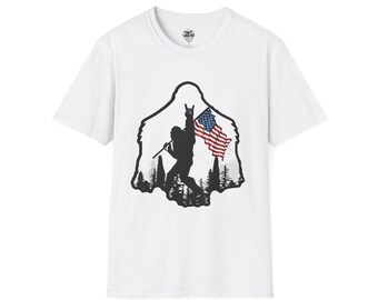 Bigfoot Silhouette Holding American Flag T-Shirt | Forest Outdoors Patriot