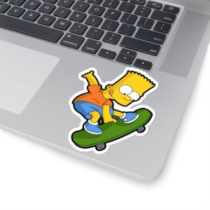 May include: A sticker featuring Bart Simpson skateboarding. Bart is depicted with yellow skin, spiky yellow hair, an orange shirt, blue shorts, and blue shoes. The skateboard is green with black wheels. The sticker is placed on a laptop.