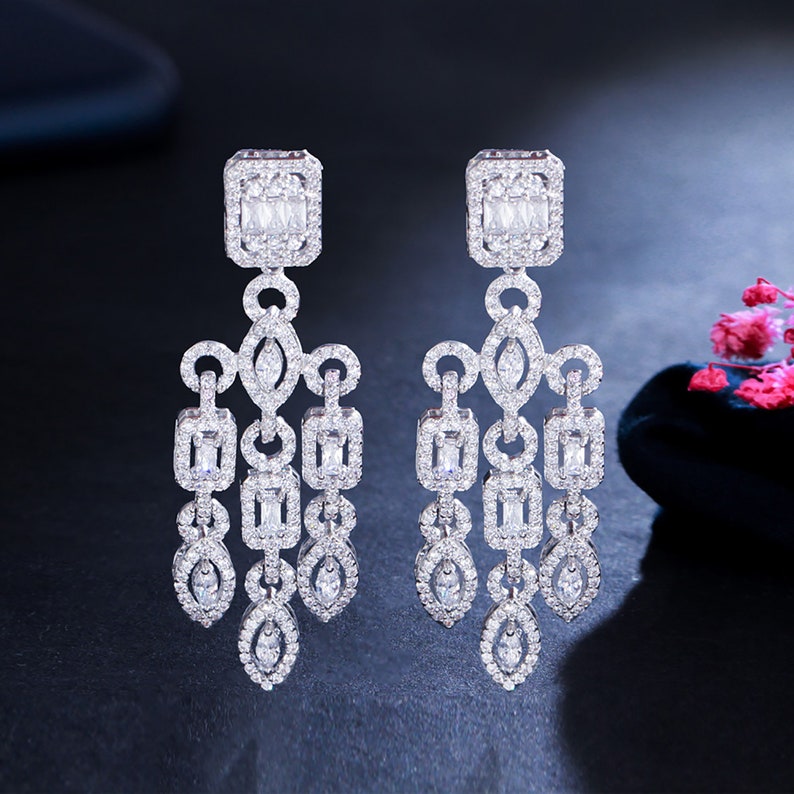 14K White Gold Moissanite Chandelier Earrings for Women,Dainty Moissanite Drop Earrings,Fashion Jewelry Gift For Mom,Girlfriend,Wife image 3