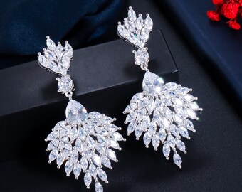 14K Gold Moissanite Crystal Pearl Chandelier Earrings, Delicate Moissanite Scalloped Long Drop Earrings, Gift For Her, Birthday Gift