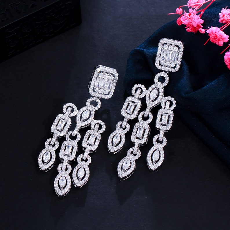 14K White Gold Moissanite Chandelier Earrings for Women,Dainty Moissanite Drop Earrings,Fashion Jewelry Gift For Mom,Girlfriend,Wife image 1