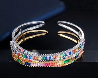 Brazalete abierto de moissanita con cruz de oro multicolor brillante de 14 quilates, brazalete de mujer de moda de doble capa, regalo ideal para novia