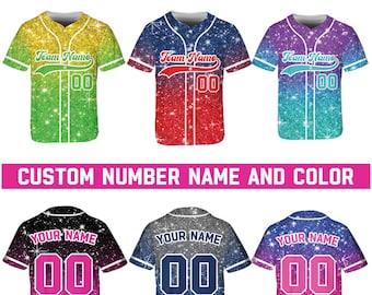 Personalized Glitter Baseball Jersey, Custom Name Number Gradient Color Glitter Jersey, Matching Uniform, Printed Glitter, Faux Glitter