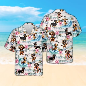 Dachshund Hawaiian Shirt, Dachshund Beach Shirt, Tropical Hawaiian Button Down Shirt, Summer Beach Hawaiian Shirt, Dog Lovers Gift