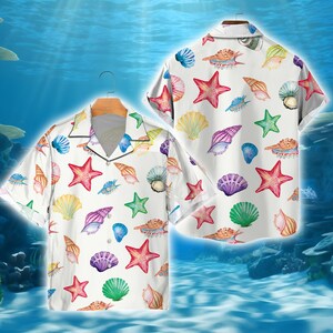 Funny Sea Shell Hawaiian Shirt, Aloha Summer Button Down Shirt, Vacation Summer Vibes, Ocean Starfish Seashell Hawaiian Shirt