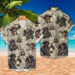 Piraten-Totenkopf Hawaii-Hemden für Männer Frauen, Vintage Piraten Schatzkarte Button-Down-Shirt, Piraten-Thema-Liebhaber-Shirt, Sommer Hawaii-Hemd
