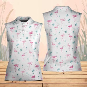 Flamingo Tropical Golf Polo Shirt, Summer Men Women Golf Polo, Summer Beach Party Sleeveless Polo, Golf Vacation Shirt For Golfer, Golf Team
