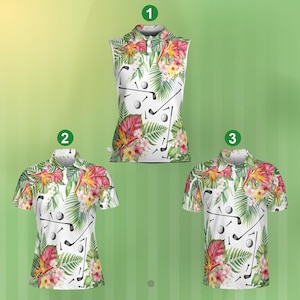 Tropical Floral Golf Polo Shirt, Hawaiian Summer Golf Outfit for Men Women, Sleeveless or Short Sleeve, Golf Team Shirt, Gift for Golfers