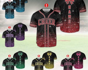 Personalized Glitter Cheer Baseball Jersey, Custom Name Cheer Bow Jersey, Cheerleader Gifts, Cheerleading Mom, Printed Glitter, Faux Glitter