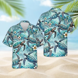 Blue Tribal Sea Turtle Hawaiian Shirt, Aloha Tropical Summer Beach Button Up Shirt, Beach Life Shirt, Ocean Animal Turtle Lover Gift