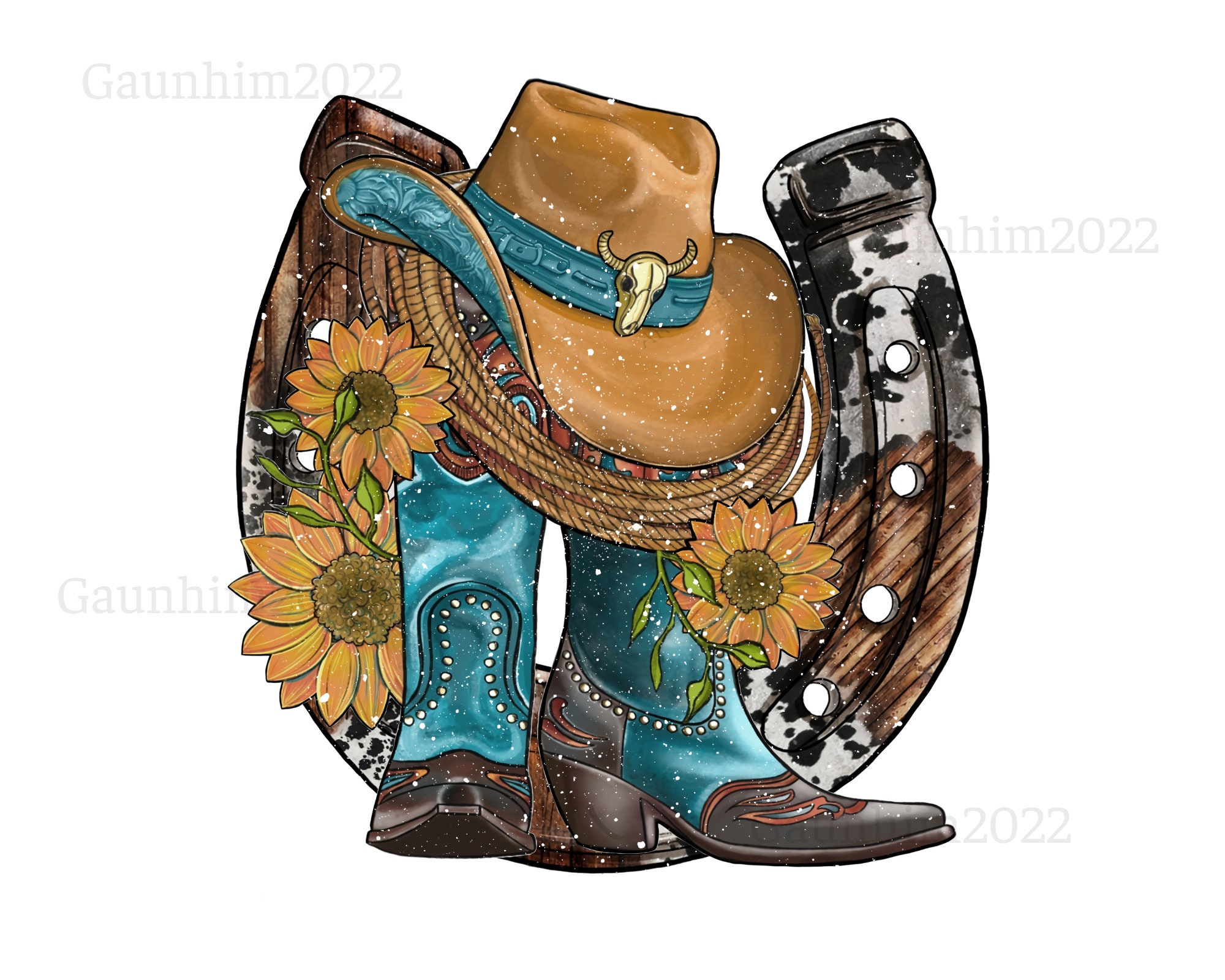 Western Horseshoe Boots Hat Rope Sunflower Png Retro Western Etsy