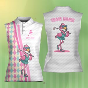 Custom Name Flamingo Golf Polo Shirt For Women, Argyle Pattern Sleeveless or Short Sleeve Polo, Summer Golf Outfit, Gift For Lady Golfers