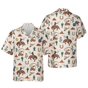 Retro Western Cowboy Cowgirl Hawaiihemd, Western Wüsten Kaktus Button Up Shirt, Western Rodeo Spielkarten Shirt, Wilder Westen Geschenke
