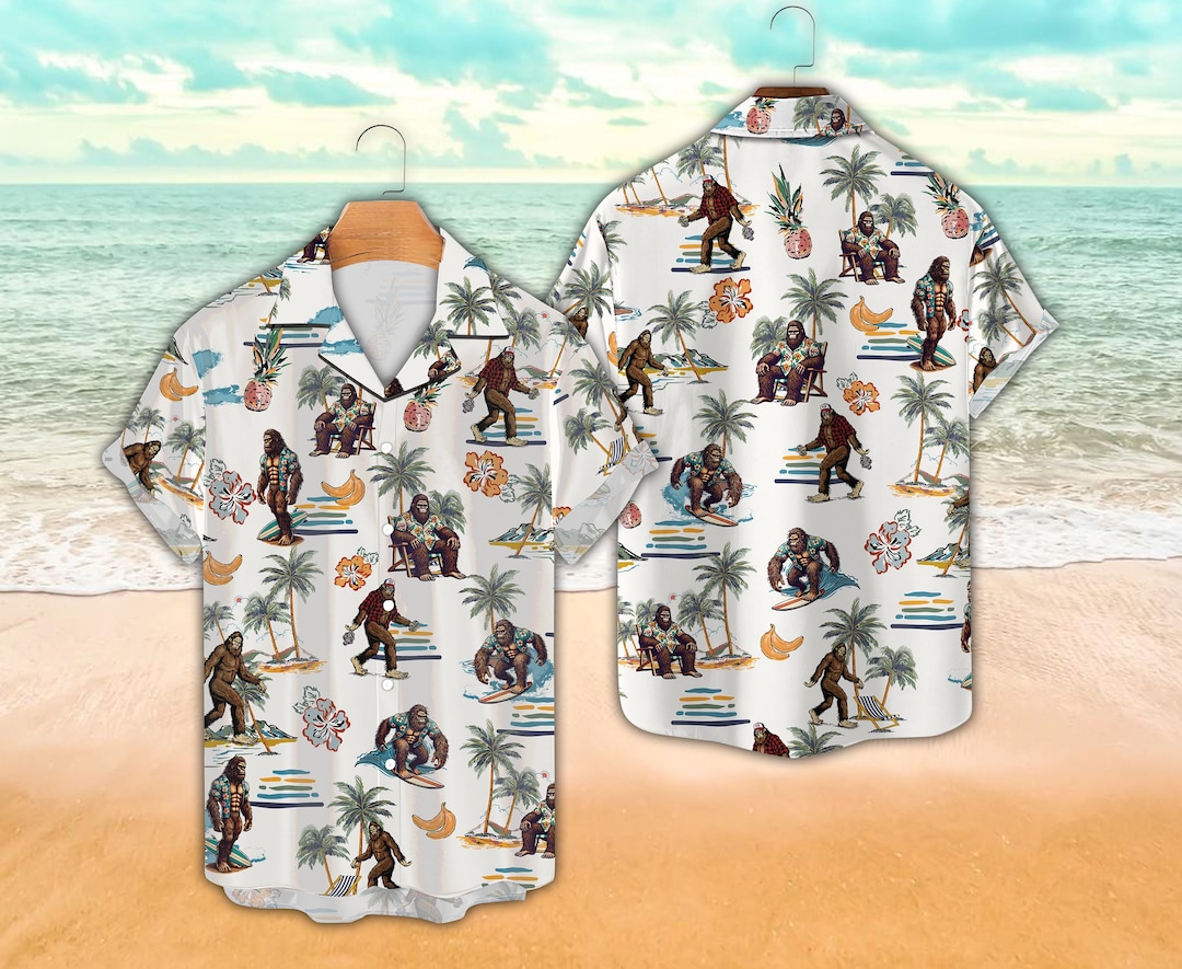 Camo Bigfoot Hibiscus Sasquatch Summer Beach Aloha Short Sleeve Button Down Hawaiian Shirt main image 1