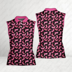 Golfpoloshirt western cowgirl, roze cowboylaarzen vrouwen poloshirt, mouwloze polo voor westerse dames, cadeaus voor golfers, golfliefhebbers