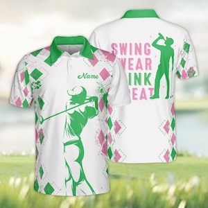 Swing Swear Drink Repeat Golf Polo Shirt, Custom Name Golfer Argyle Pattern Polo Shirt, Personalized Golf Polo for Men, Golf Player Gift