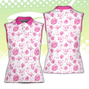 Pink Flamingo Golf Polo Shirt, Tropical Summer Polo Shirt for Men Women, Matching Golf Polo, Sleeveless or Short Sleeve, Gift for Golfers