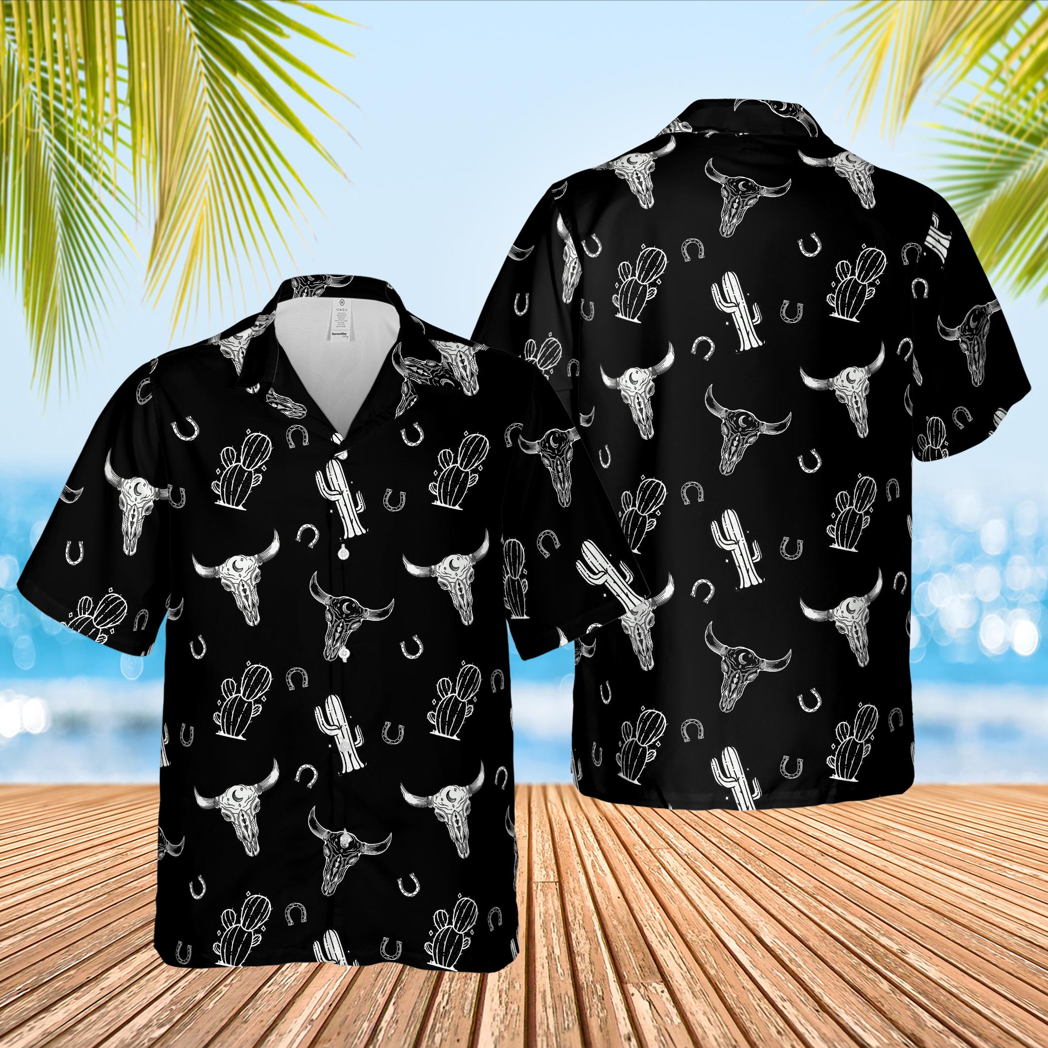 Discover Retro Western Cowboy Cowgirl Hawaiian, Western Desert Cow Skull Cactus Shirt