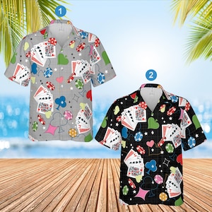 Lustiges Kasino-Glücksspiel Hawaii-Hemd, Würfelkarten Poker-Chips Kasino Button Up Shirt, Kasino-Party-Shirt, Geschenk für Kasino-Liebhaber, Pokerspieler