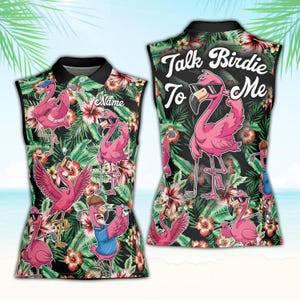 Talk Birdie To Me Golf Polo Shirt, Tropical Flamingo Golf Polo, Custom Name Summer Polo For Men Women Golfers, Sleeveless or Short Sleeve