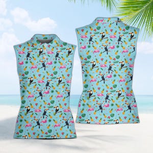 Tropical Golf Polo Shirt, Toucan Flamingo Pineapple Polo Shirt, Women’s Sleeveless or Short Sleeve, Men’s Short Sleeve, Summer Golf Outfit