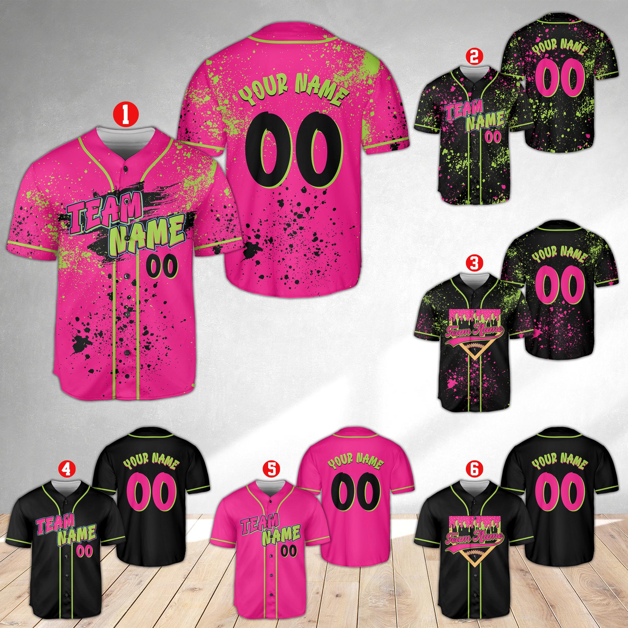 Discover Animals Baseball Jersey, Monkey Team Custom Name And Number Baseball Jersey, Pink And Black Paint Splatter Jersey, Team Party Uniform