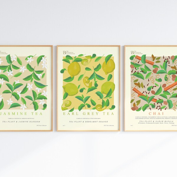 Digital Download | The 2023 Tea Collection | Jasmine Tea, Earl Grey Tea, Chai Tea | 3 Piece Botanical Tea Art Bundle