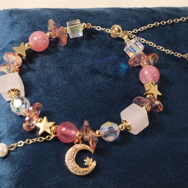 Bracelet de perles de cristal rose, pendentif en cristal Super brillant, étoile de lune, cadeaux Souvenirs pour petites amies