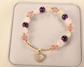 Amethyst Rose Quartz Strawberry Crystal Beaded Bracelet, Lucky Love Heart Bracelet, Handmade Beaded Bracelet, Boho Crystal Bracelet