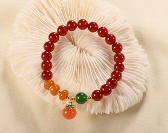 Red Agate Beaded Bracelet, Peach Charm Bracelet, Bohemian Friendship Bracelet, Gift For Her