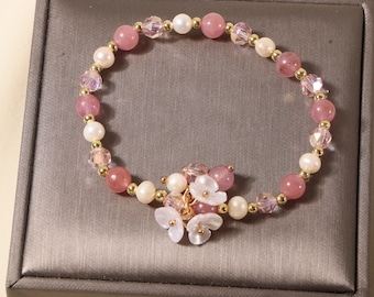 Natural Strawberry Quartz & Pearl Beaded Bracelet with Flower Charm, Bohemian Crystal Bracelet, Gift for Her