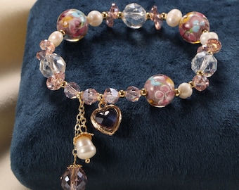 Pearl Charm Crystal Bracelet, Glass Flower Ball Beaded Bracelet,  Heart Crystal Bracelet , Lucky Healing Friendship Bracelet