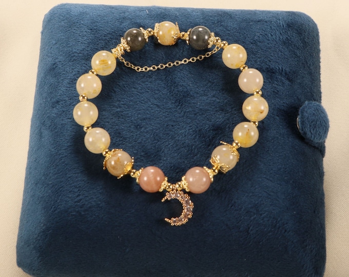 Citrine Beaded Bracelet, Moon Charm Bracelet, Handmade Beaded Bracelet, Bohemian Crystal Bracelet, Gift For Her
