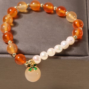 Natural Agate & Charm Pearl Beaded Bracelet, Cute Peach Pendant Bracelet, Gift For Her