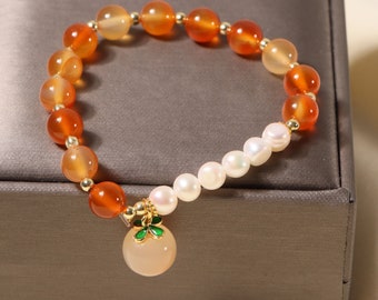 Natural Agate & Charm Pearl Beaded Bracelet, Cute Peach Pendant Bracelet, Gift For Her