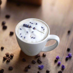 K&ouml;nnte beinhalten: Eine wei&szlig;e Keramiktasse gef&uuml;llt mit einem hellbraunen Kaffeegetr&auml;nk, das mit einer Schicht wei&szlig;en Schaums und einem Lavendelzweig gekr&ouml;nt ist.
