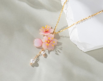 Handmade Resin Cherry Blossom Pearl Necklace – Pink Floral Jewelry, Nature Inspired Gift for Her, Wedding Necklace