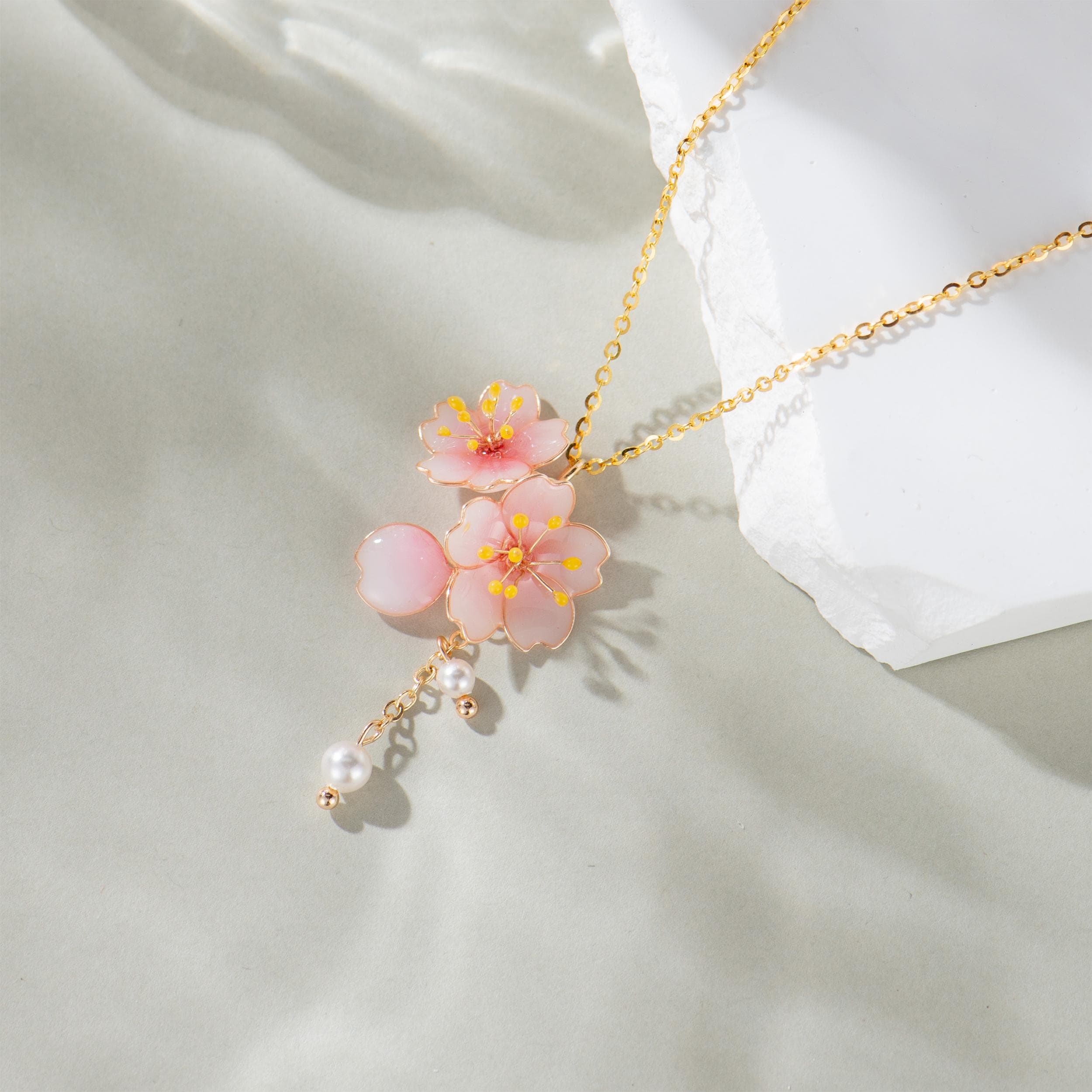 Handmade Resin Cherry Blossom Pearl Necklace – Pink Floral Jewelry
