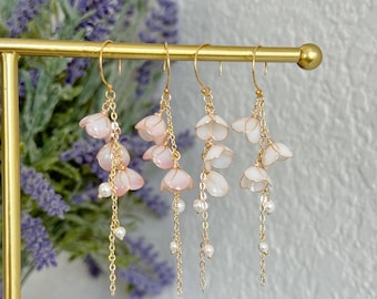 Handmade Resin Lily of the Valley Earrings – Pearl Drop Dangle, Floral Nature Jewelry, Wedding & Gift for Her