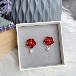 Handmade Resin Camellia Pearl Stud Earrings with 14k Gold Plated |White | Black Earrings | Elegant Jewelry | Gift For Her