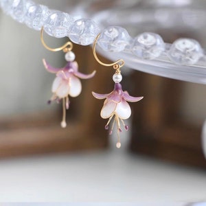 Fuchsia Flower Resin Earrings | Handmade Botanical Jewelry | Purple & White Dangle Earrings | Bridesmaid Jewelry | Nature Gift for Her