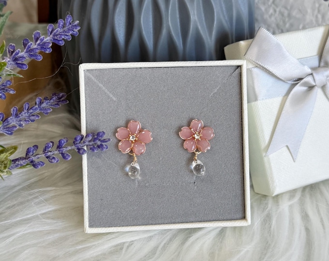 Handmade Resin Cherry Blossom Stud Earrings with Wire Detail, Translucent Pink Floral Jewelry, Gift for her