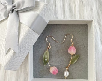 Handmade Resin Pearl Tulip Earrings with 14k Gold Plated | Pink | Purple Blue | Yellow Earrings | Elegant Jewelry | Gift For Her
