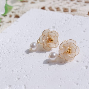 Handmade Resin Camellia Pearl Stud Earrings with 14k Gold Plated |White | Black Earrings | Elegant Jewelry | Gift For Her