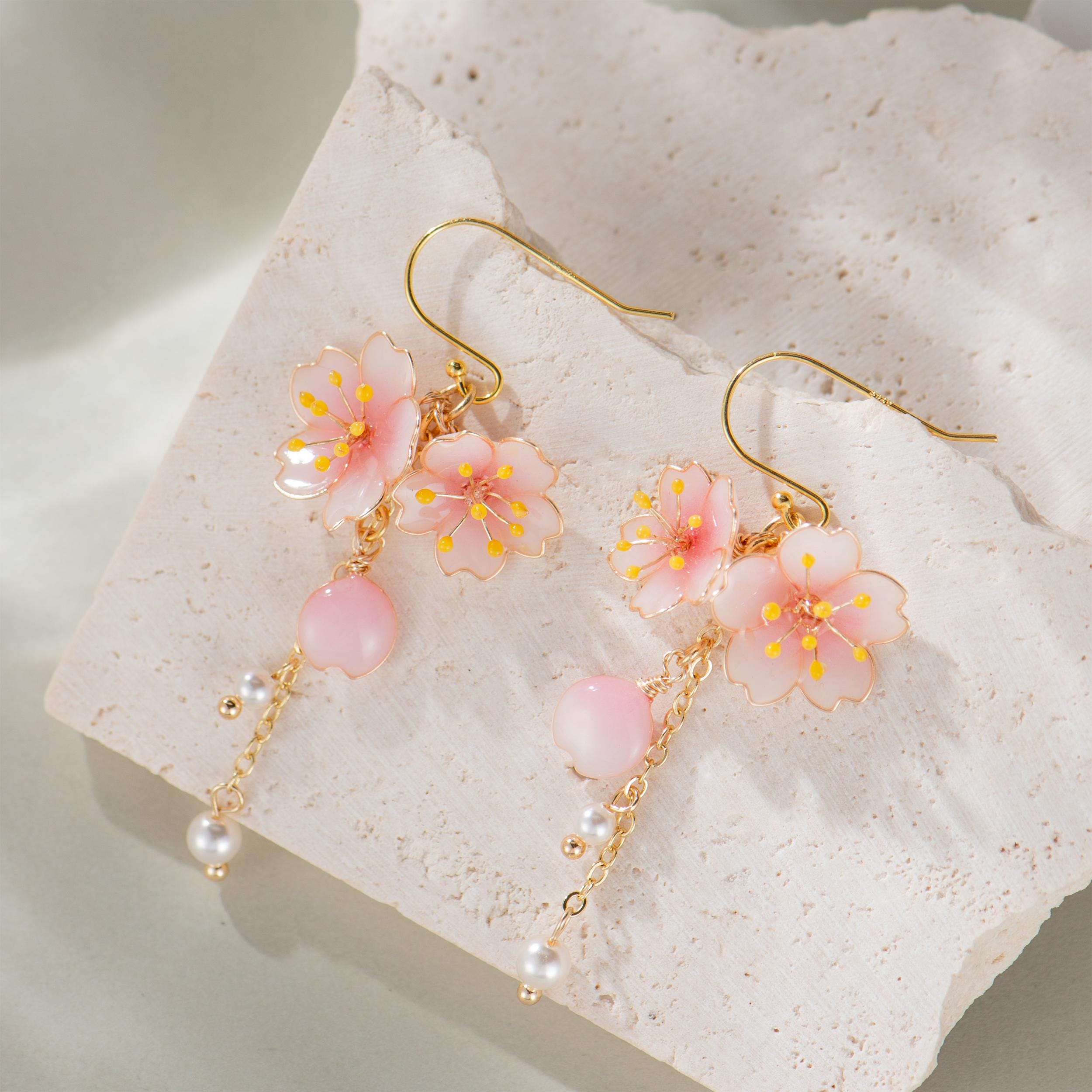 Handmade Resin Cherry Blossom Pearl Dangle Earrings – Pink Floral