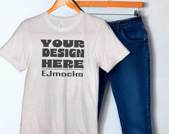 Bella Canvas 3001 white t-shirt mockup paired with jeans; BC 3001 digital download.