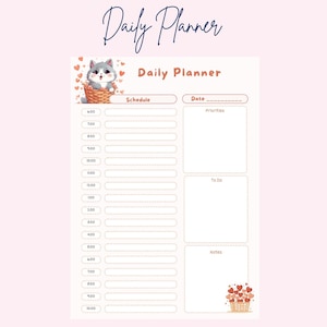 May include: A daily planner with a cute cartoon cat illustration. The planner has sections for schedule, date, priorities, to do, and notes.